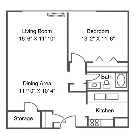 Floor plan for 1 bed, 1 bath, 720 sqft